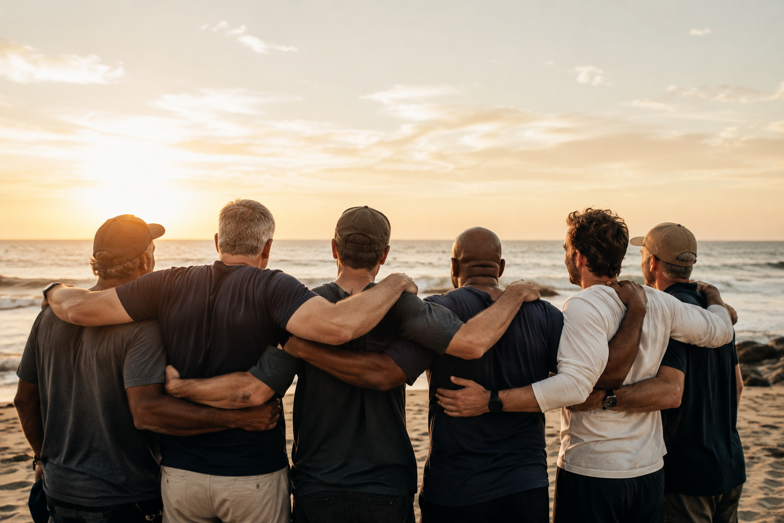 Six men standing arm in arm on the beach at sunset — brotherhood in recovery