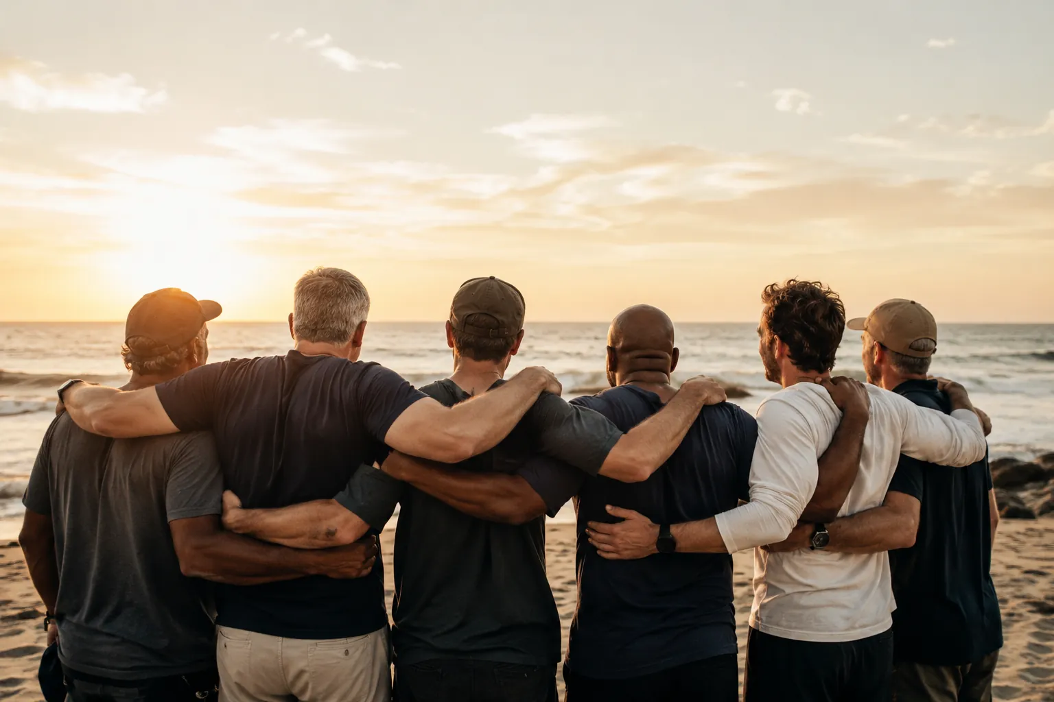 Six men standing arm in arm on the beach at sunset — brotherhood in recovery